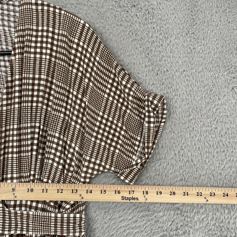 Urban Outfitters Midi Dress Womens Medium Check Belted V Neck Neutral Clean Girl - Picture 5 of 14